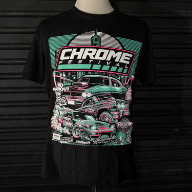 Our Chrome Festival tee features a Chevrolet Camaro burnout car, Impala lowrider show car and Nissan 180SX Drift car, in Green and Pink print built for everyday wear.