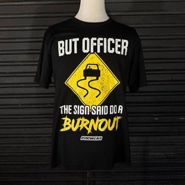 Black t-shirt with a graphic design and text on a dark background