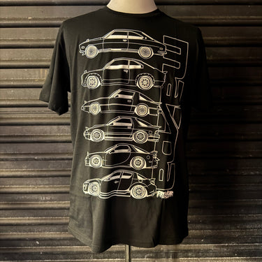 Featuring Rotary Mazda RX-2 Capella, RX-3 Savanna, RX-7 FB, RX7 FC and an RX7 FD in white print