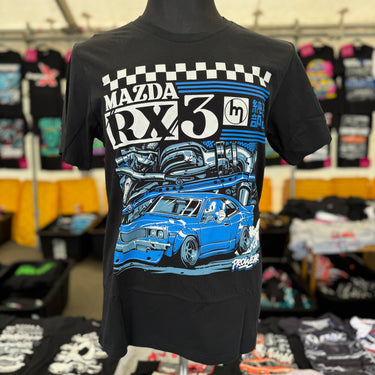 Black t-shirt with Mazda RX-3 graphic design on a mannequin in a store setting.