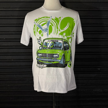 Our Pac Performance tee features a Mazda RX-2 Cartoon inspired design in Green, Grey and Black 