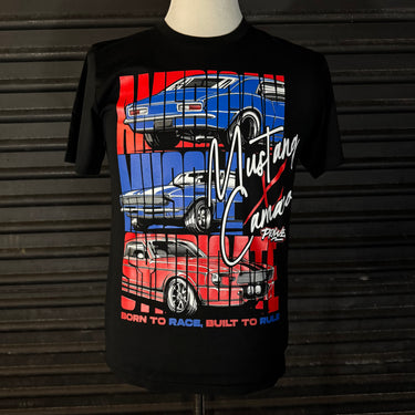 Black t-shirt with Ford Mustang and Chevy Camaro graphic design on a dark background