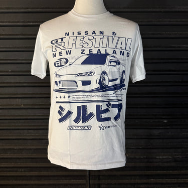 White t-shirt with Nissan Silvia graphic on a dark background