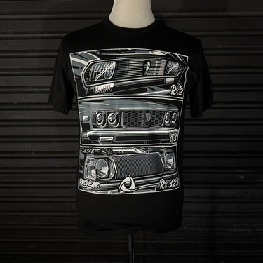 Black Tee featuing Mazda Rotary RX2, RX3, 323 front grill, headlights