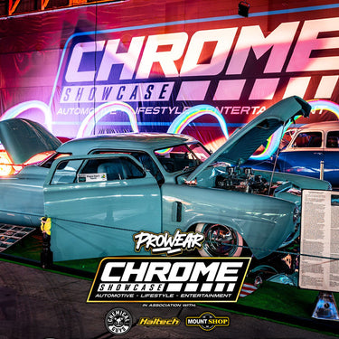 Promotional poster for a car event with a teal car on display, featuring 'Chrome Showcase' branding.