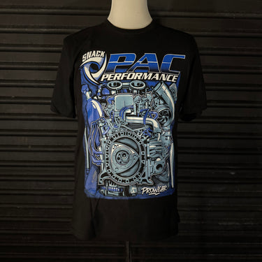 Black t-shirt with blue and white engine graphic and 'PAC Performance' text on a dark background