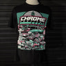 Our Chrome Festival tee features a&nbsp;Chevrolet Camaro burnout car, Impala lowrider show car and Nissan 180SX Drift car, in Green and Pink&nbsp;print built for everyday wear.