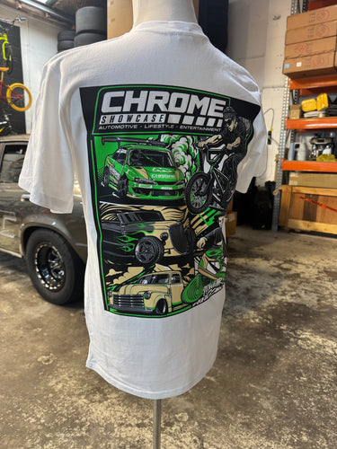 White t-shirt with a graphic design on the back, featuring cars and text, in an indoor setting.