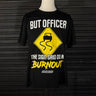 Black t-shirt with a graphic design and text on a dark background