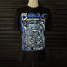 Black t-shirt with blue and white engine graphic and 'PAC Performance' text on a dark background